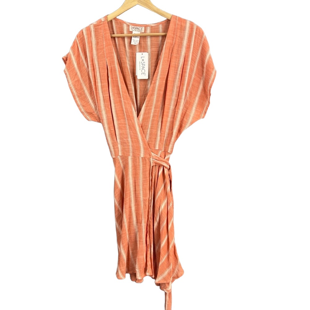 L*Space Sunshine Feels‎ Wrap Dress Medium Orange Striped V-Neck Boho Beach New